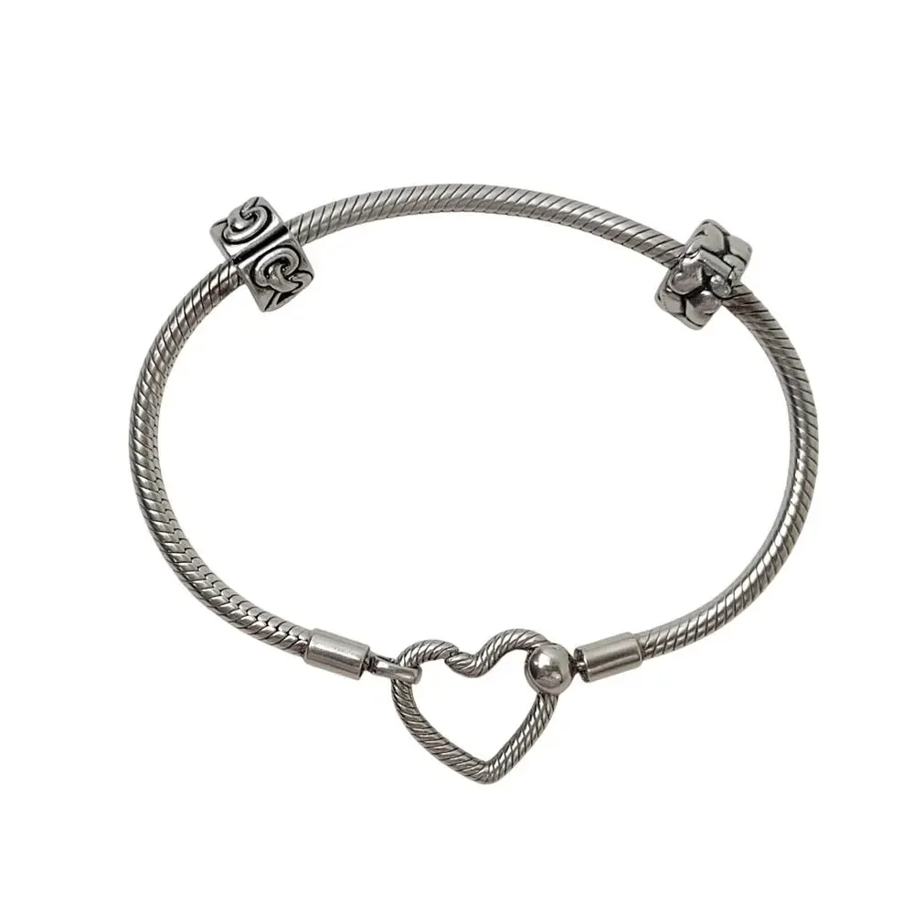 Pandora Moments Heart Closure Snake Chain Bracelet Sterling Silver + Charms
